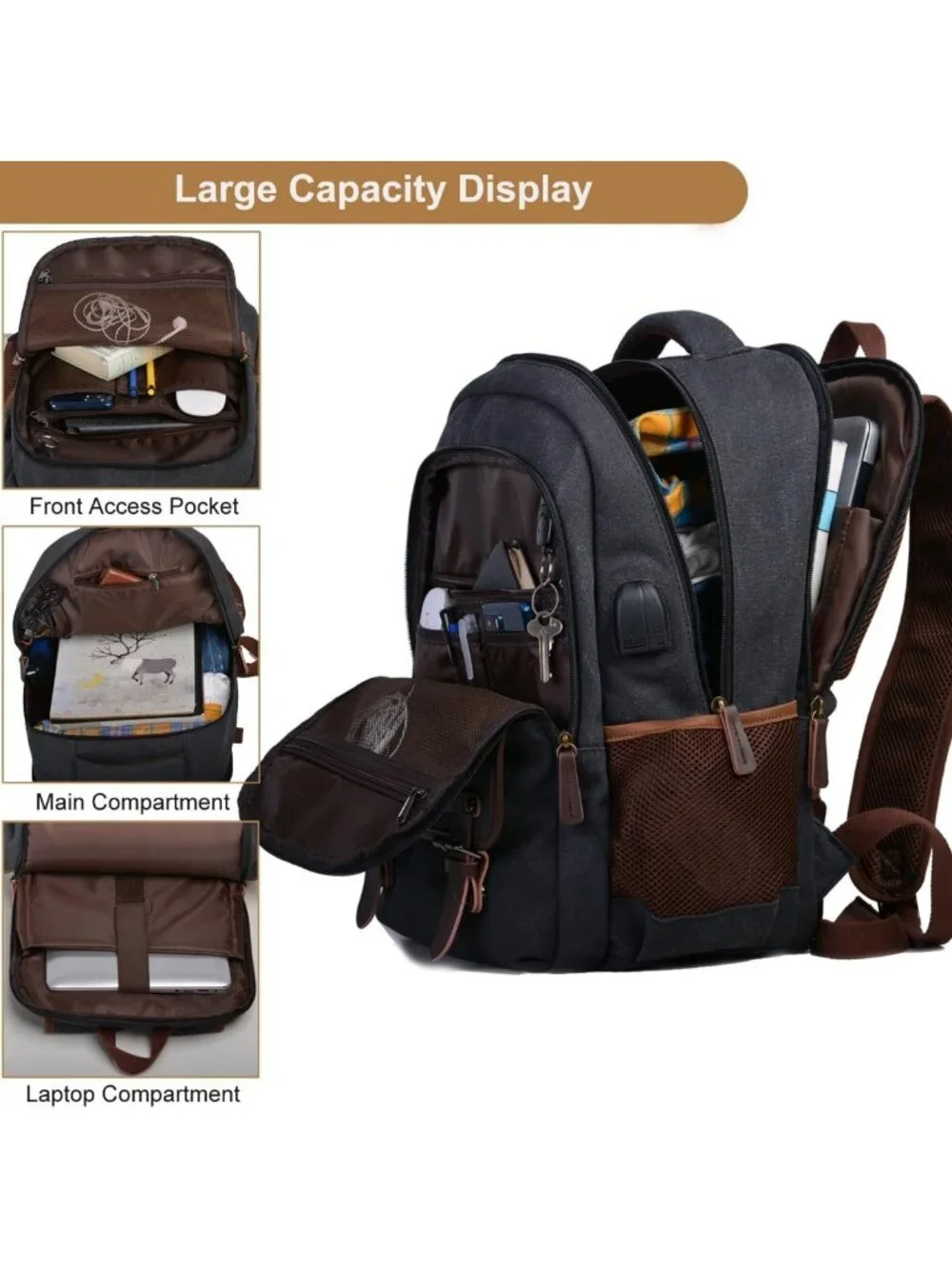 Stylish Canvas Laptop Backpack for Travel, Work, College - Fits 15.6